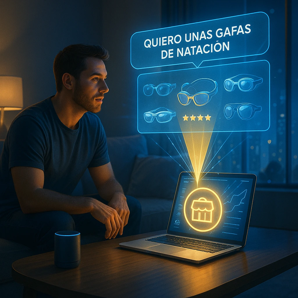 Ilustración futurista de un cliente pidiendo un producto y la IA seleccionando un negocio recomendado