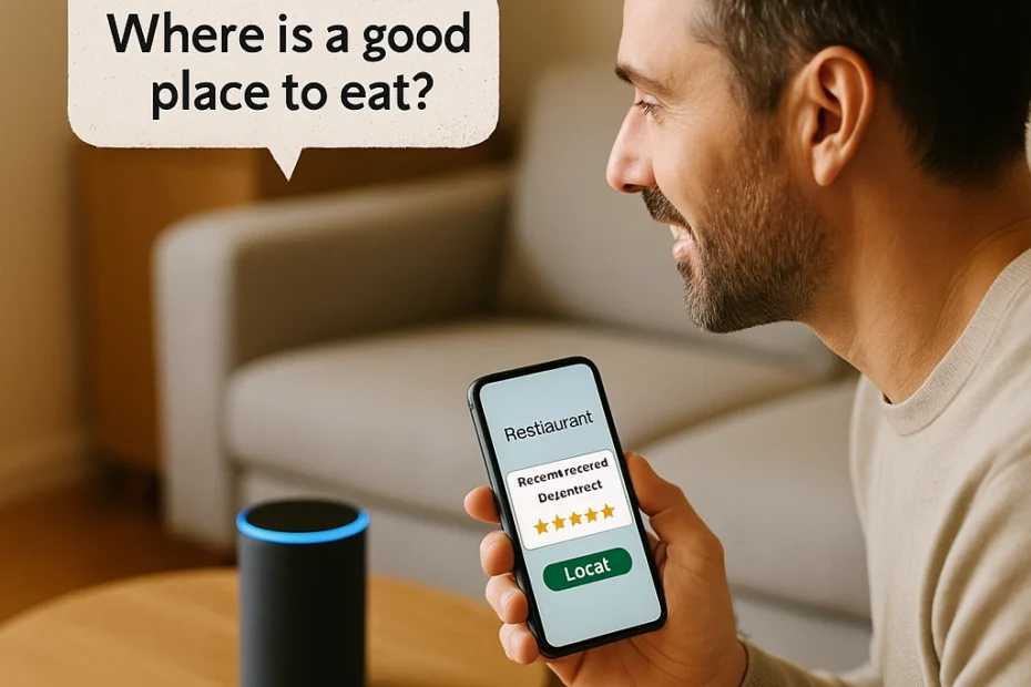 Cliente preguntando a Alexa y recibiendo recomendación de un negocio local