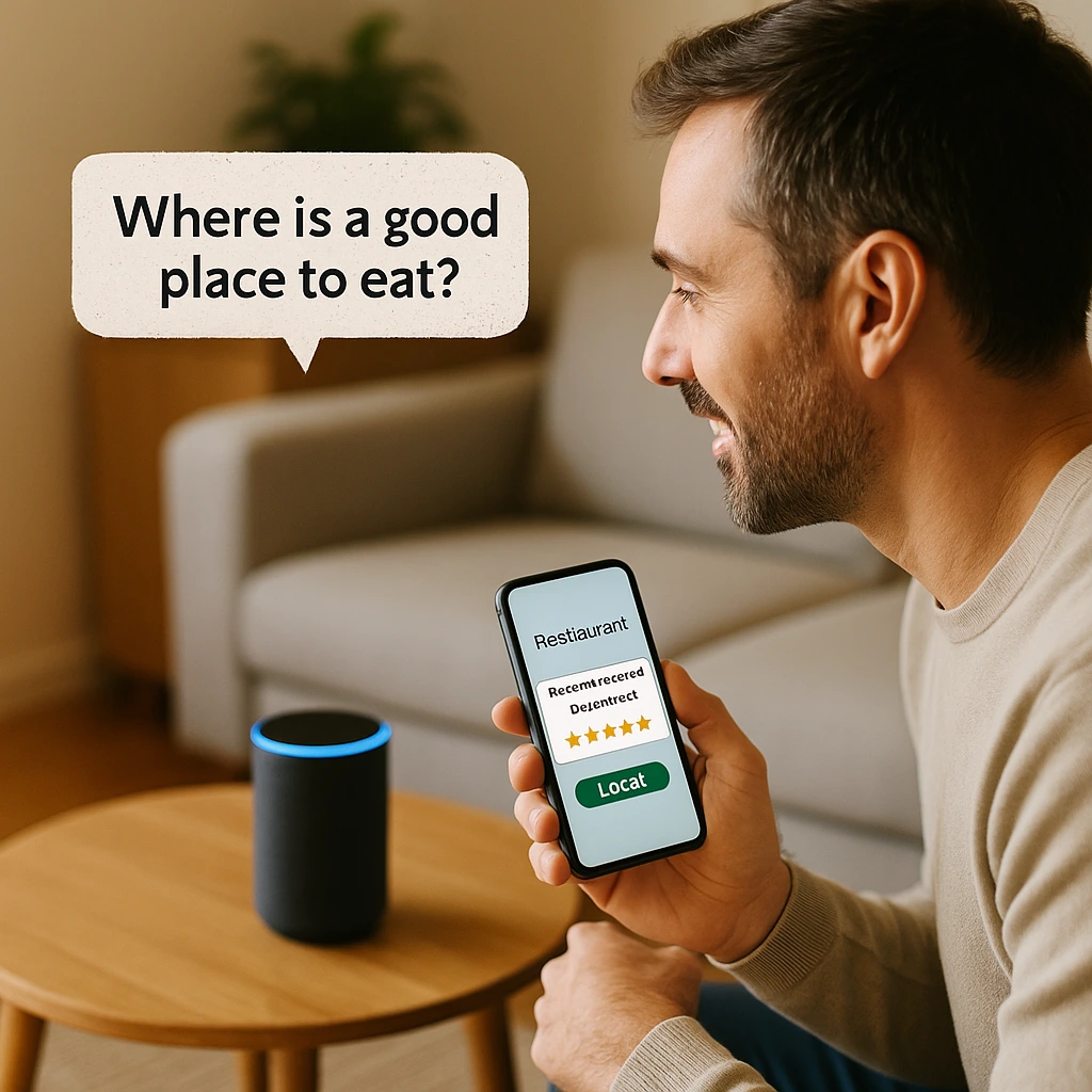 Cliente preguntando a Alexa y recibiendo recomendación de un negocio local