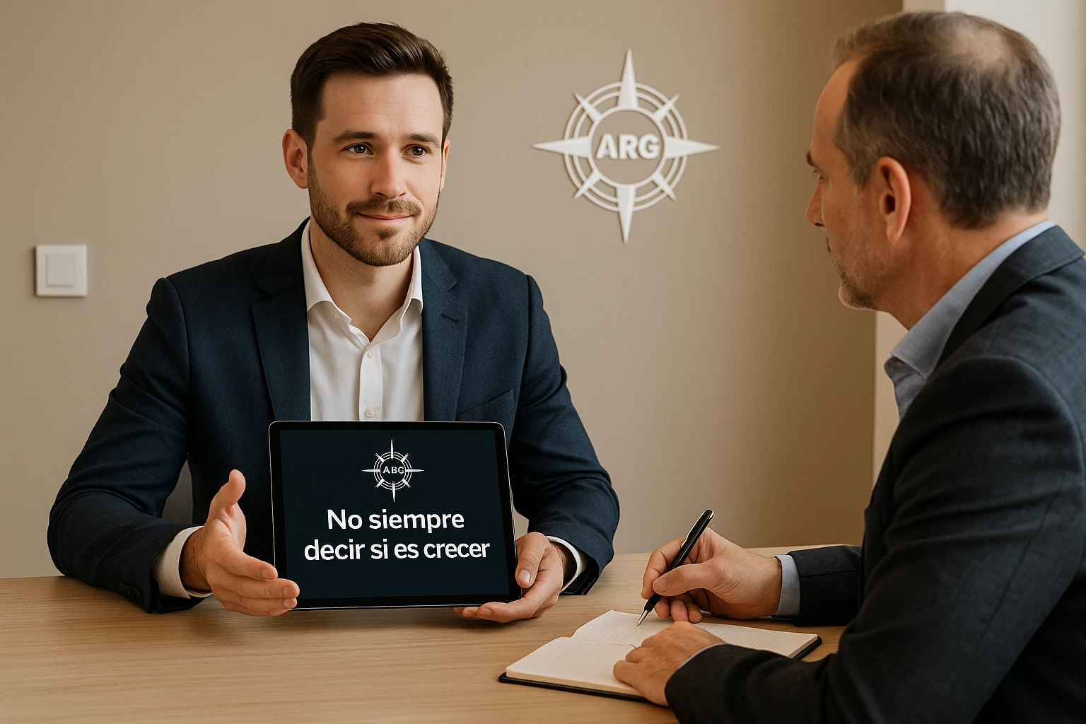 Consultor de ARG explicando a un cliente por qué decir no también es estrategia