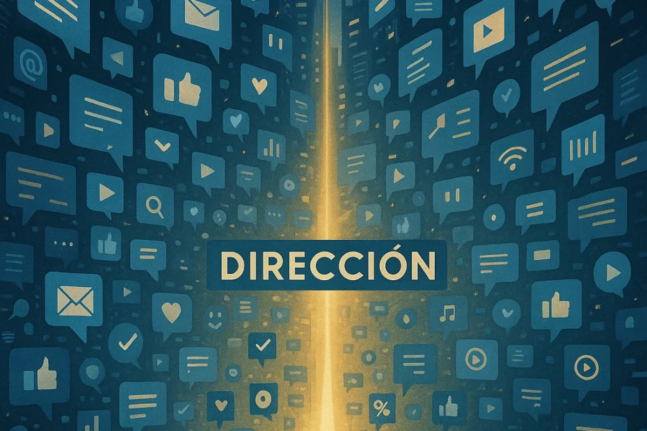 Ciudad digital con pantallas caóticas y una luz central que simboliza claridad