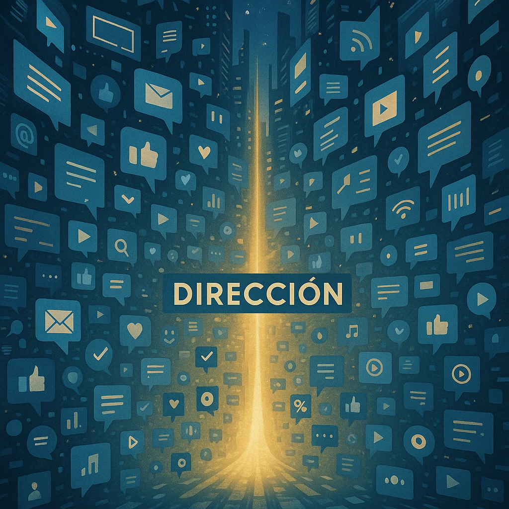 Ciudad digital con pantallas caóticas y una luz central que simboliza claridad