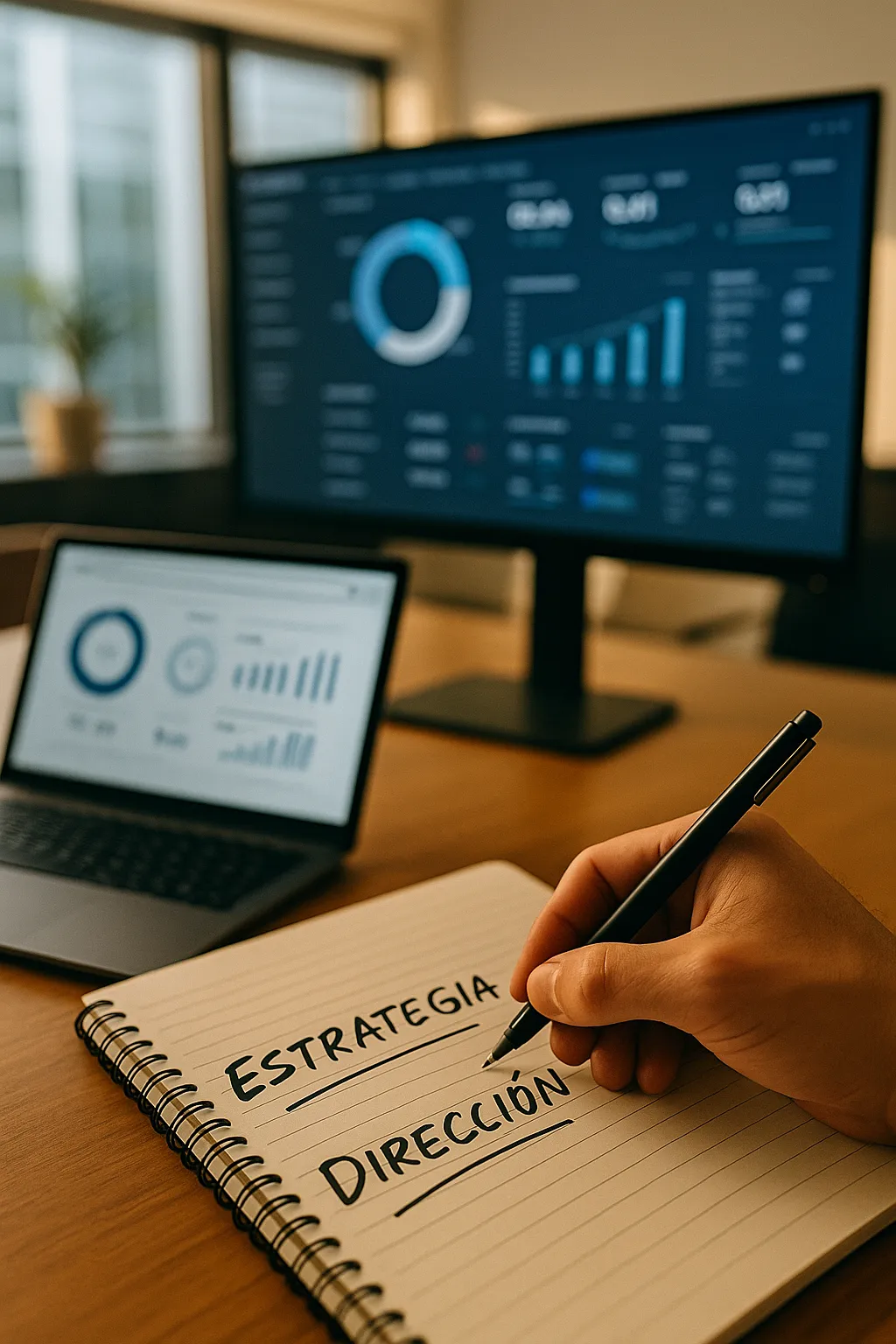Mano anotando estrategia y dirección en una consultoría de marketing