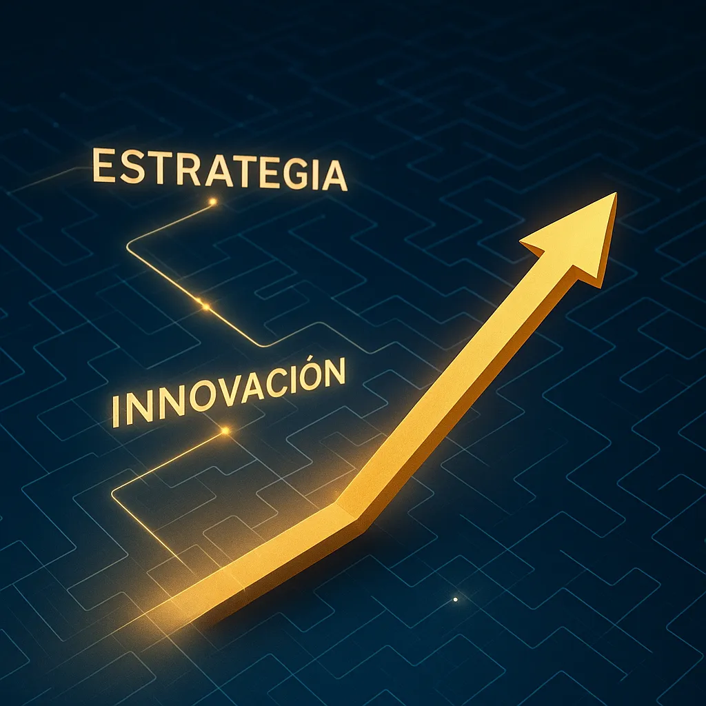 Flecha dorada atravesando laberinto digital como símbolo de crecimiento