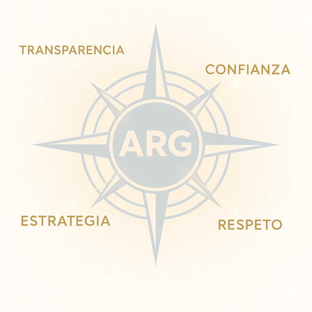 Ilustración de la marca ARG rodeada de conceptos de transparencia y estrategia