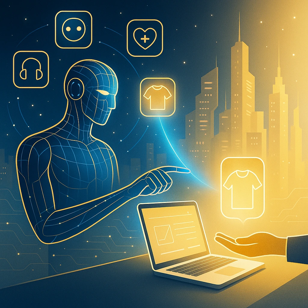 Ilustración futurista de una IA seleccionando productos y entregándolos al cliente humano