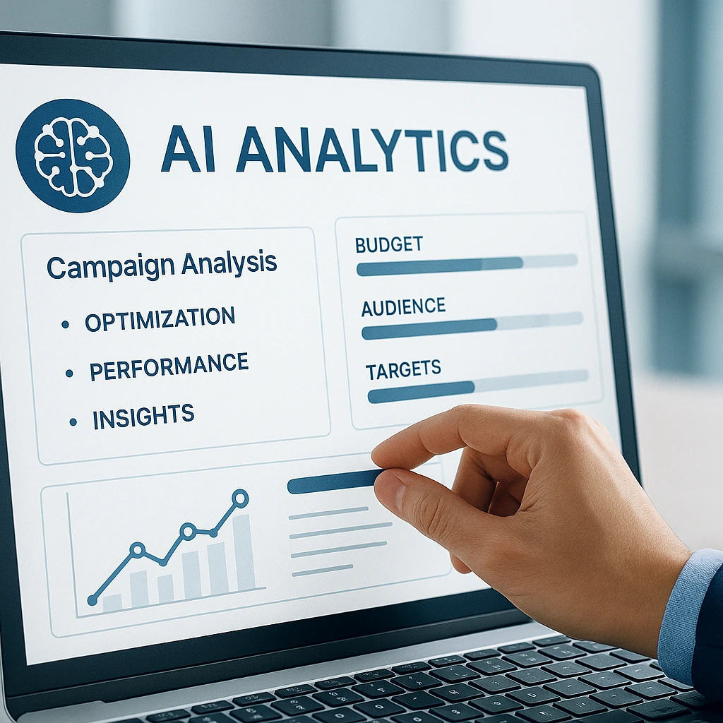 Inteligencia artificial analizando campañas mientras un profesional ajusta la estrategia