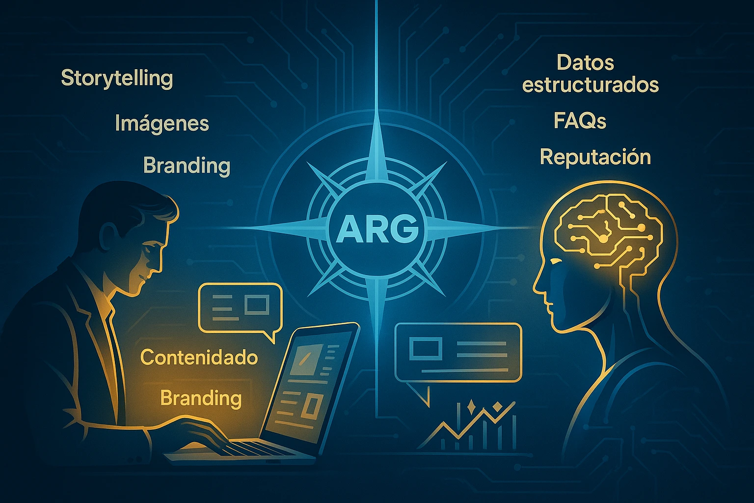 Ilustración futurista de humano e IA conectados por ARG para decisiones de compra