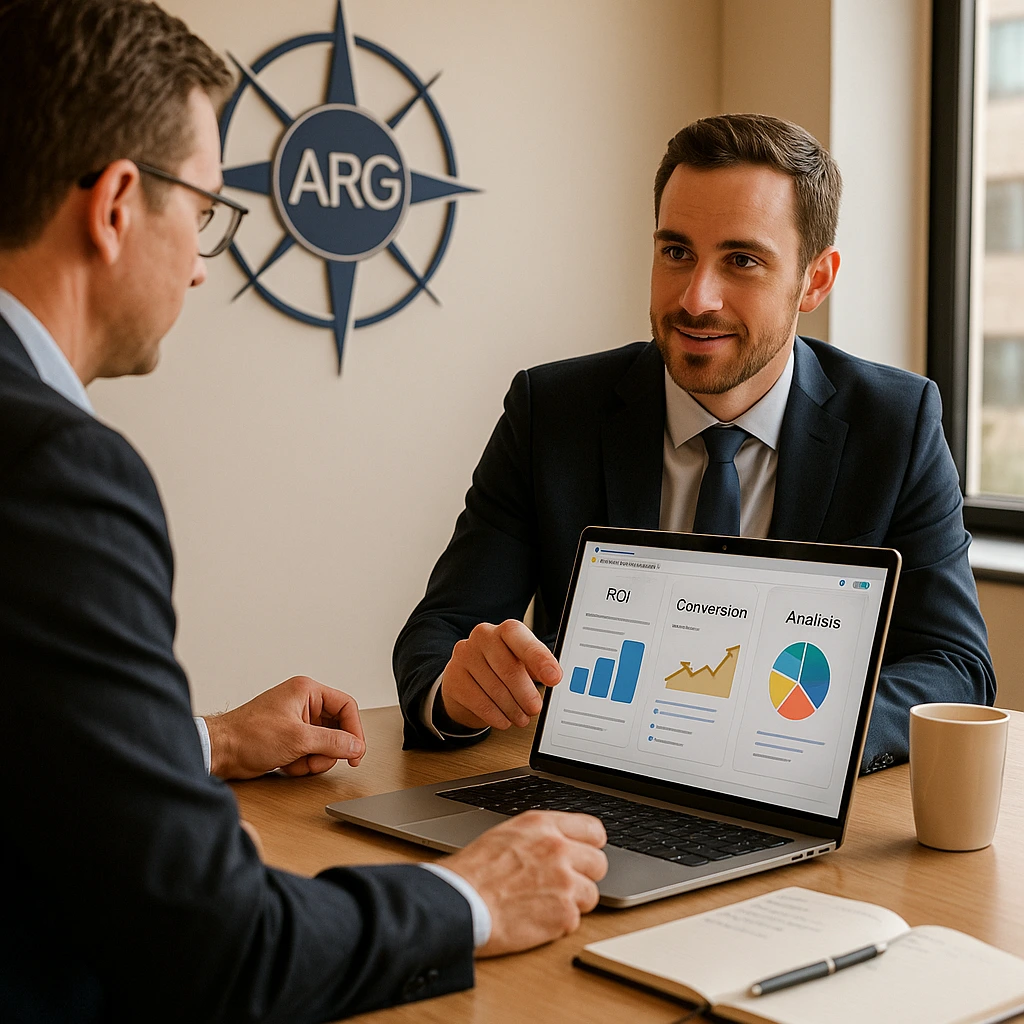 Consultor de ARG presentando resultados de marketing inteligente a un cliente