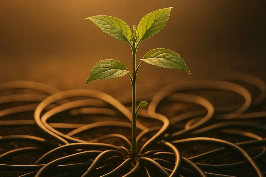 Planta que crece entre cables digitales, símbolo de marketing con propósito