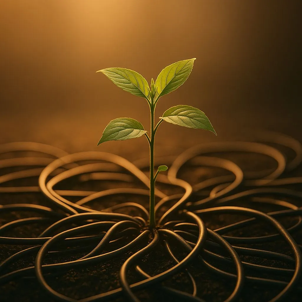 Planta que crece entre cables digitales, símbolo de marketing con propósito