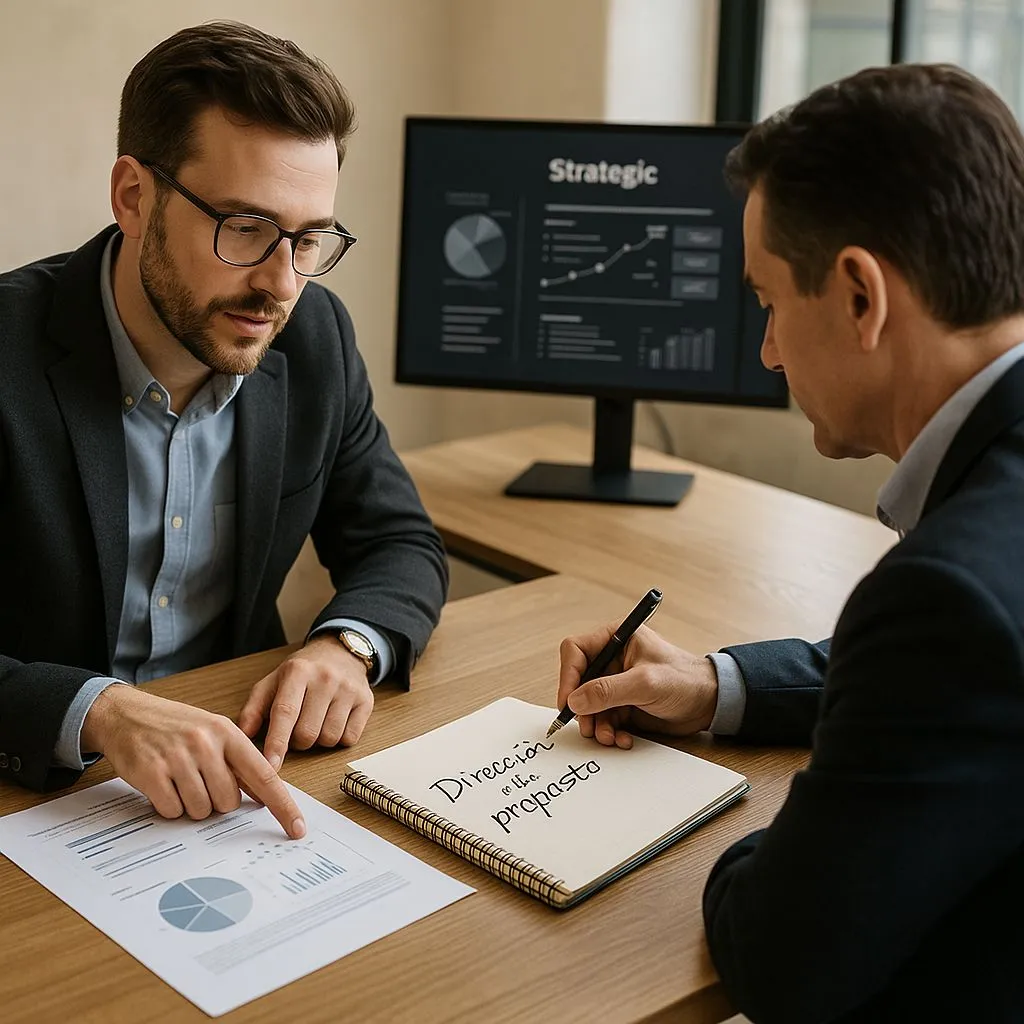 Consultor y empresario revisando estrategia con propósito