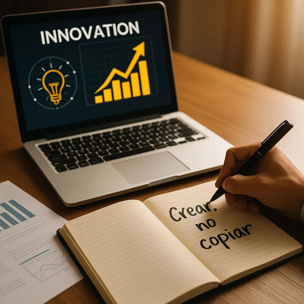 Mesa con gráficos de innovación y frase crear no copiar