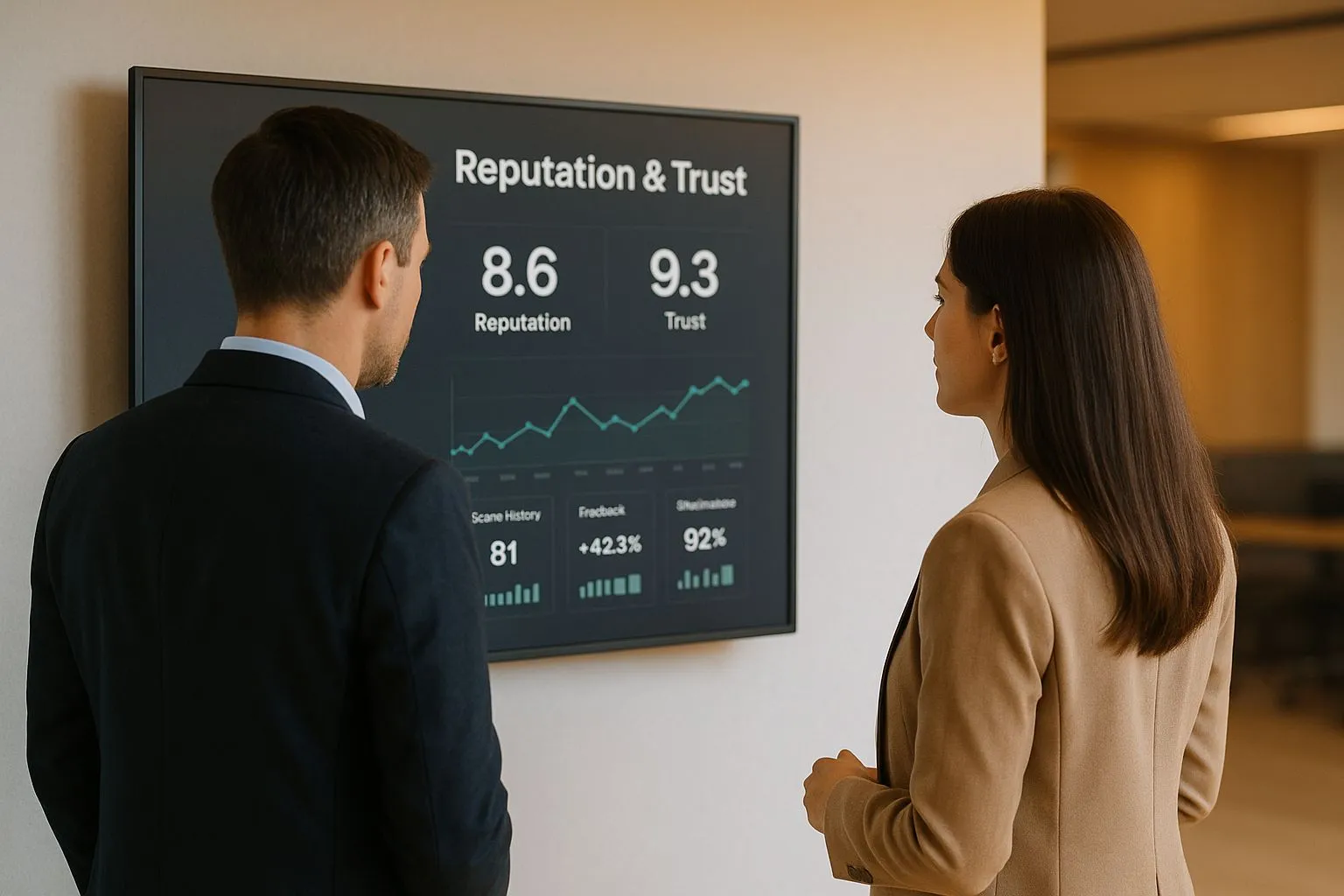 Profesionales analizando indicadores de confianza y reputación de marca