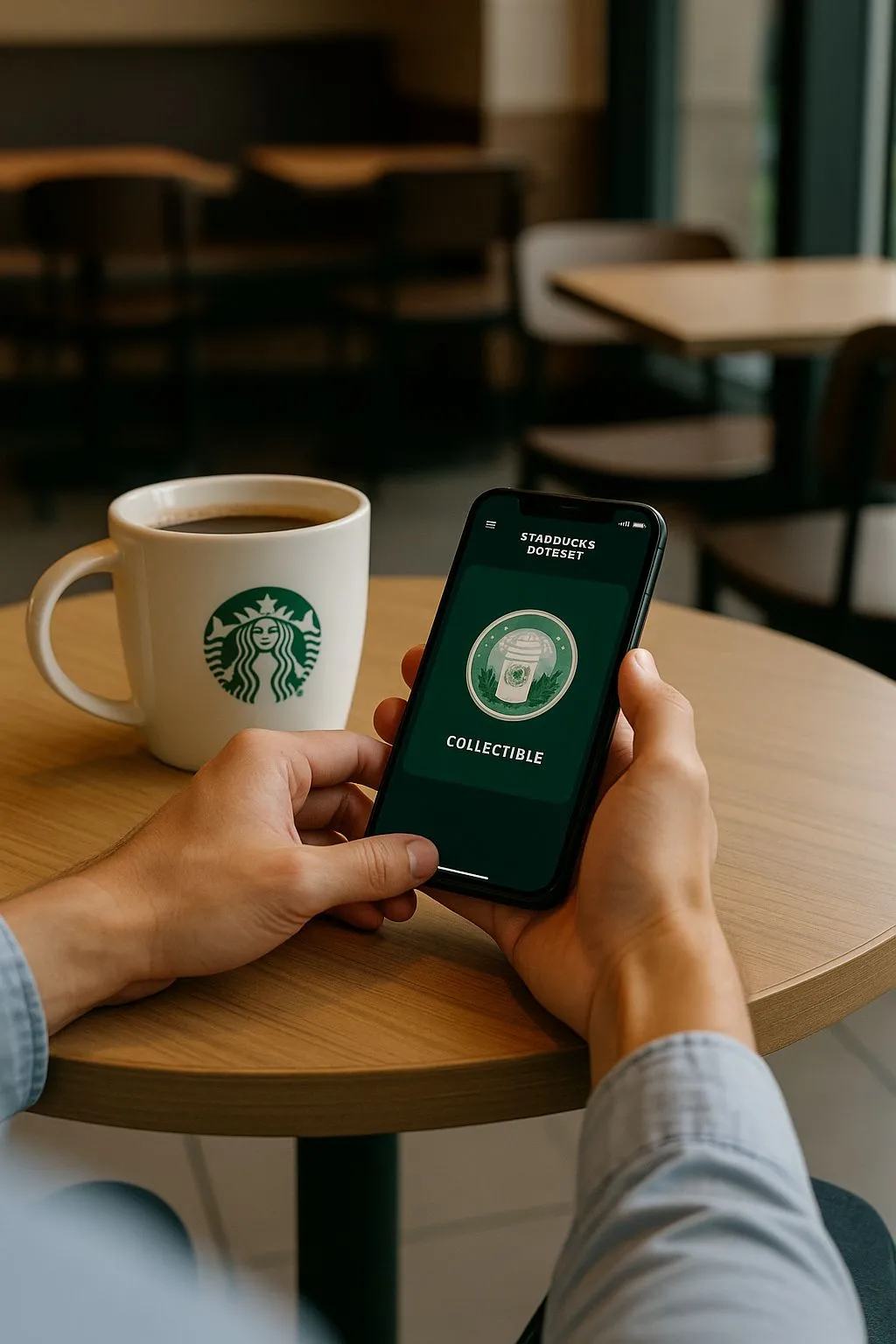 Cliente usando la app Starbucks Odyssey con un sello digital en pantalla