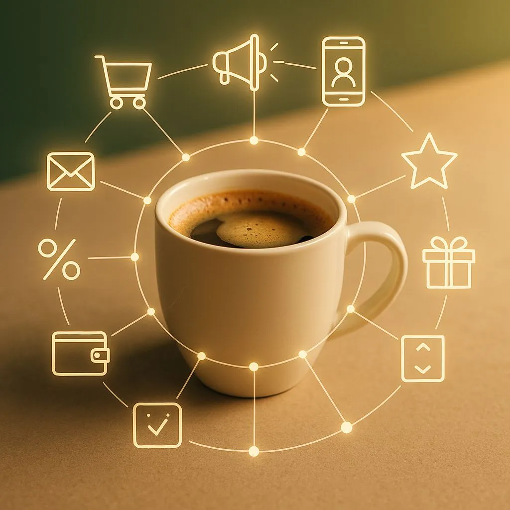 Taza de café rodeada de iconos digitales que representan la fidelización moderna