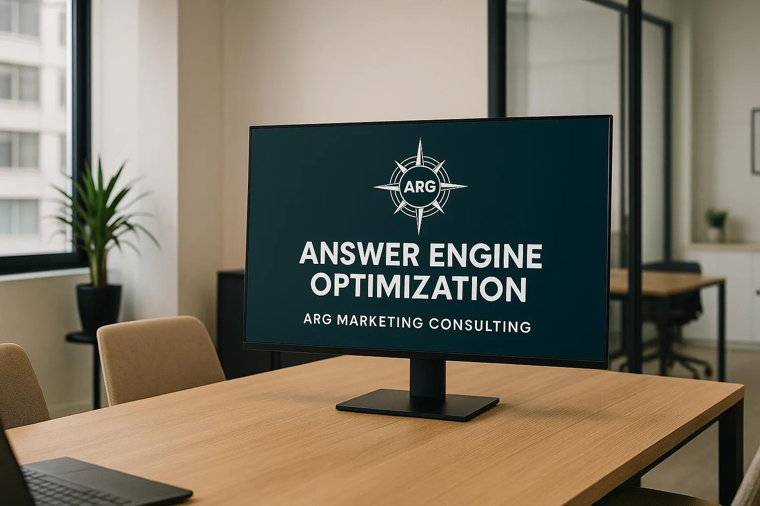 Oficina de ARG con el texto Answer Engine Optimization en pantalla