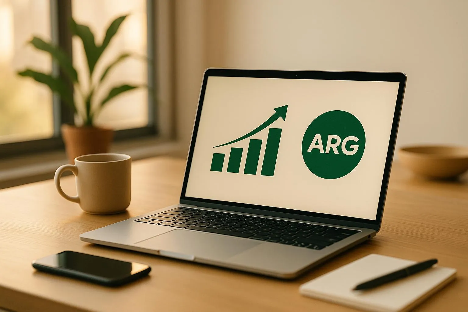 Gráfico de crecimiento y logotipo de ARG en pantalla