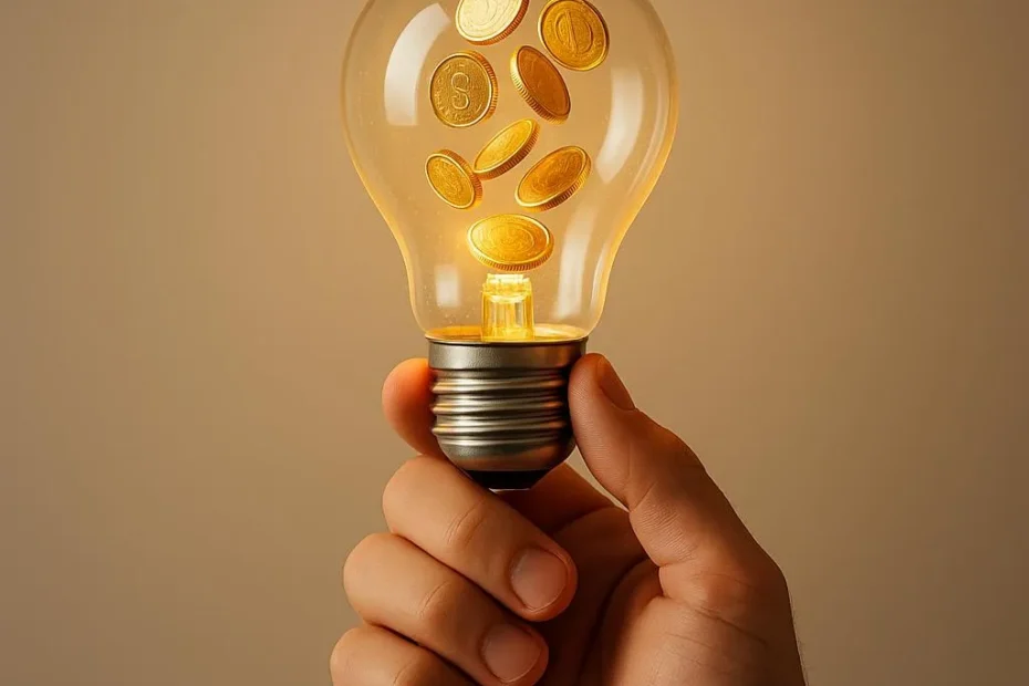 Mano sosteniendo bombilla con monedas flotando dentro