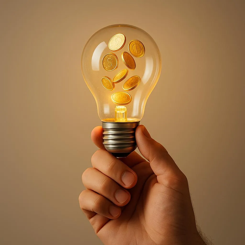 Mano sosteniendo bombilla con monedas flotando dentro