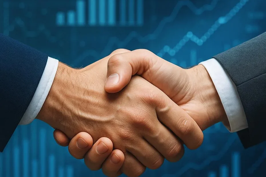 Manos estrechándose sobre gráficos digitales, símbolo de confianza en marketing.